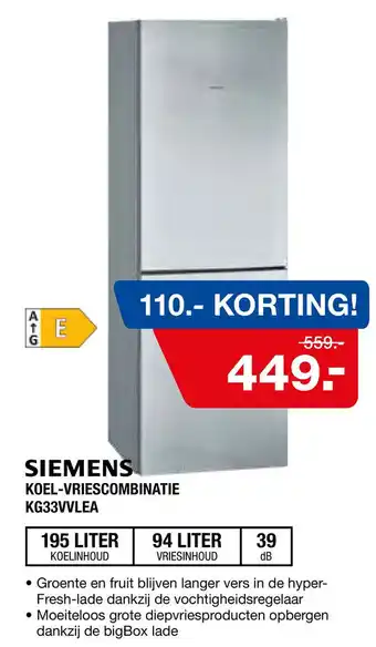 Electroworld Siemens Koel-Vriescombinatie Kg33Vvlea aanbieding