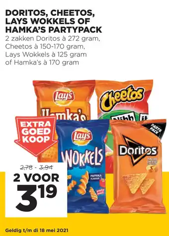 Jumbo Doritos, cheetos, lays wokkels of hamka's partypack 170gram aanbieding