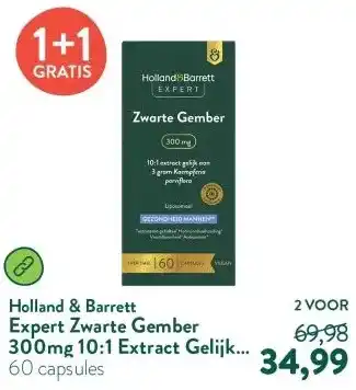 Holland & Barrett Expert Zwarte Gember 300mg 10:1 Extract Gelijk Aan 3 Gram Kaempferia Parviflora Liposomaal aanbieding