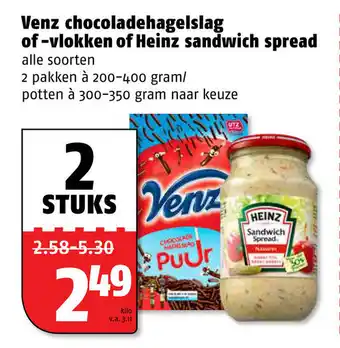 Poiesz Venz chocoladehagelslag of -vlokken of Heinz sandwich spread 200-400g aanbieding