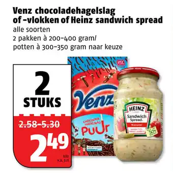 Poiesz Venz chocoladehagelslag of -vlokken of Heinz sandwich spread 200-400g aanbieding