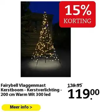 Pets Place Fairybell Vlaggenmast Kerstboom - Kerstverlichting - 200 cm Warm Wit 300 led aanbieding