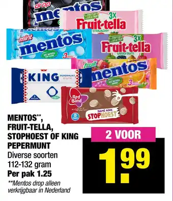 Big Bazar Mentos“, Fodno Fruit-Tella, Stophoest Of King Pepermunt aanbieding