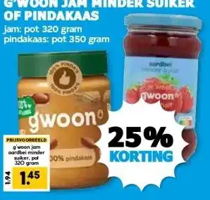 Boon`s Markt G'WOON JAM MINDER SUIKER OF PINDAKAAS aanbieding