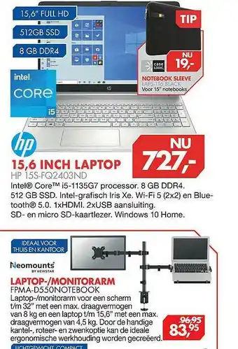 Vobis HP 15,6 Inch Laptop HP 15S-FQ2403ND Of Neomounts By Newstar Laptop--Monitorarm FPMA-D440Notebook aanbieding