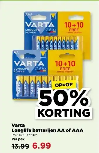 PLUS Varta Longlife batterijen AA of AAA aanbieding