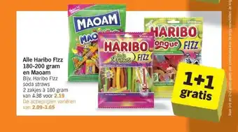 Albert Heijn Alle Haribo F!zz 180-200 gram en Maoam aanbieding