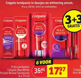 Kruidvat Colgate tandpasta in doosjes en whitening serum. aanbieding