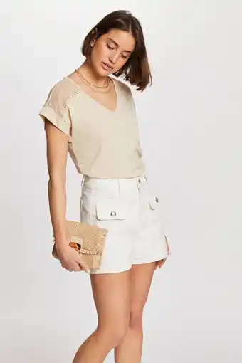 Wehkamp Morgan T-shirt met kant en studs beige aanbieding