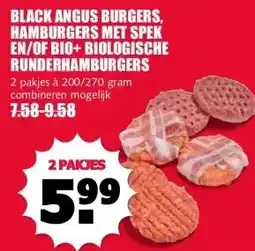 MCD Supermarkt BLACK ANGUS BURGERS, HAMBURGERS MET SPEK EN/OF BIO+ BIOLOGISCHE RUNDERHAMBURGERS aanbieding