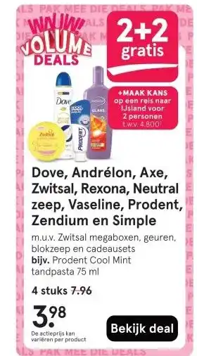 Etos Dove, Andrélon, Axe, Zwitsal, Rexona, Neutral zeep, Vaseline, Prodent, Zendium en Simple aanbieding