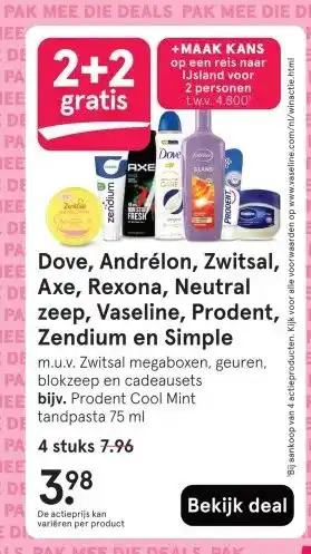 Etos Dove, Andrélon, Zwitsal, Axe, Rexona, Neutral  zeep, Vaseline, Prodent,  Zendium en Simple aanbieding