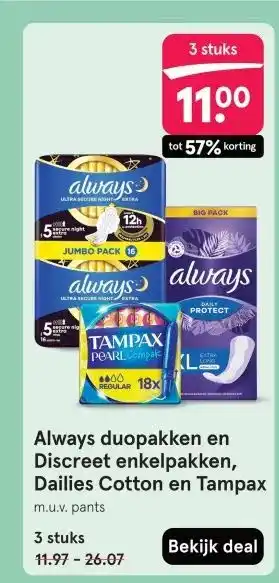 Etos Always duopakken en Discreet enkelpakken, Dailies Cotton en Tampax aanbieding