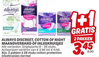 Dekamarkt ALWAYS DISCREET, COTTON OF NIGHT MAANDVERBAND OF INLEGKRUISIES aanbieding