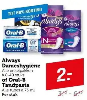 Coop Always Dameshygiëne of Oral-B Tandpasta aanbieding