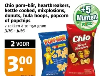 Poiesz Chio pom-bär, heartbreakers, kettle cooked, mixplosions, donuts, hula hoops, popcorn of popchips aanbieding