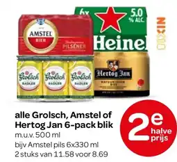 Spar alle Grolsch, Amstel of Hertog Jan 6 pack blik aanbieding