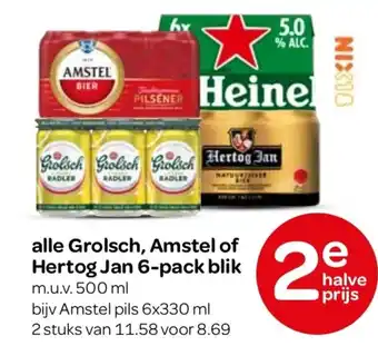 Spar alle Grolsch, Amstel of Hertog Jan 6 pack blik aanbieding