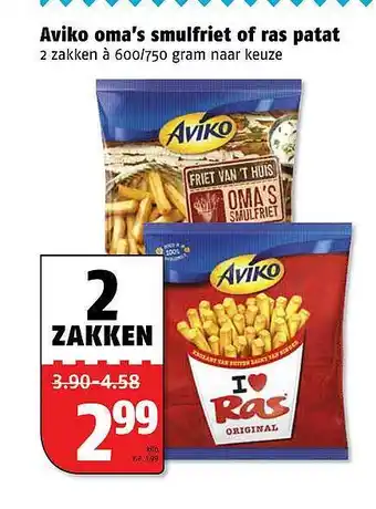 Poiesz Aviko Oma's Smulfriet Of Ras Patat 600/750 gram aanbieding