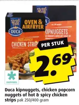 Boni Duca kipnuggets, chicken popcorn nuggets of hot & spicy chicken strips pak 250/400 gram aanbieding