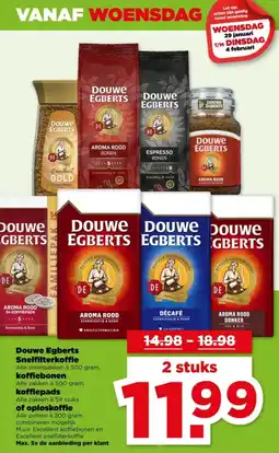 PLUS Douwe Egberts, koffiebonen, koffiepads, of oploskoffie aanbieding