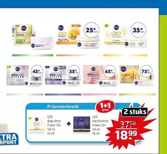 Trekpleister Nivea Q10 Dagcrème Power 35+ + Nivea Q10 Nachtcrème Power 35+ 1+1 Gratis aanbieding