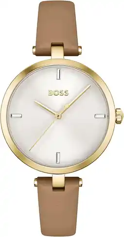 Amazon BOSS Analoog Quartz Horloge voor Vrouwen met Camel Bruin Lederen Band - 1502652, Zilver Wit, riem aanbieding