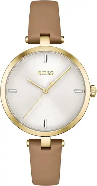 Amazon BOSS Analoog Quartz Horloge voor Vrouwen met Camel Bruin Lederen Band - 1502652, Zilver Wit, riem aanbieding