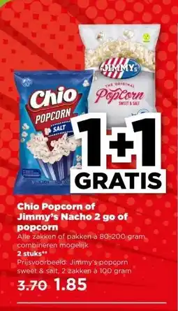 PLUS Chio Popcorn of Jimmy's Nacho 2 go of popcorn aanbieding