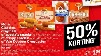 Coop Mora Classics, originals of specials snacks of crispy chick'n of Van Dobben Croquetten aanbieding