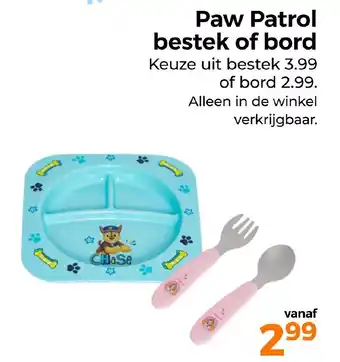 Trekpleister Paw Patrol bestek of bord aanbieding