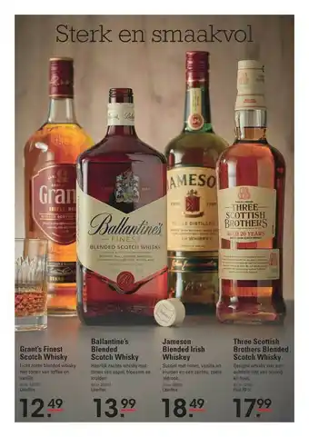 Sligro Grant's Finest Scotch Whisky, Balalantine's Blended Scotch Whisky, Jameson Blended Irish Whiskey Of Three Scottish Brothers B aanbieding