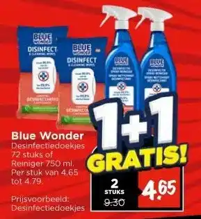 Vomar Voordeelmarkt Blue Wonder Desinfectiedoekjes 72 stuks of Reiniger 750 ml aanbieding