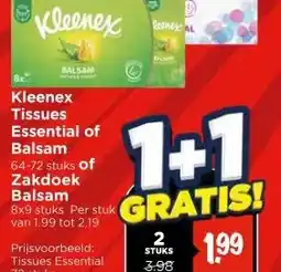 Vomar Voordeelmarkt Kleenex Tissues Essential of Balsam 64-72 stuks of Zakdoek Balsam aanbieding