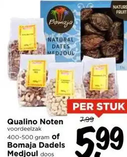 Vomar Voordeelmarkt Qualino Noten voordeelzak 400-500 gram of Bomaja Dadels Medjoul doos 1 kilo aanbieding