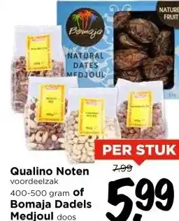 Vomar Voordeelmarkt Qualino Noten voordeelzak 400-500 gram of Bomaja Dadels Medjoul doos 1 kilo aanbieding