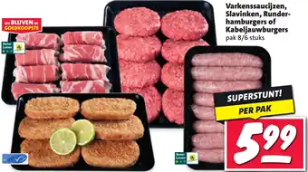 Nettorama Varkenssaucijzen, Slavinken, Runderhamburgers of Kabeljauwburgers aanbieding