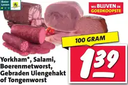 Nettorama Yorkham, Salami, Boerenmetworst, Gebraden Uiengehakt of Tongenworst aanbieding