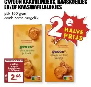 MCD Supermarkt G'WOON KAASVLINDERS, KAASKOEKJES EN/OF KAASWAFELBLOKJES aanbieding