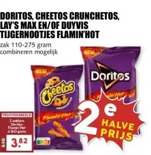 MCD Supermarkt DORITOS, CHEETOS CRUNCHETOS, LAY'S MAX EN/OF DUYVIS TIJGERNOOTJES FLAMIN'HOT aanbieding