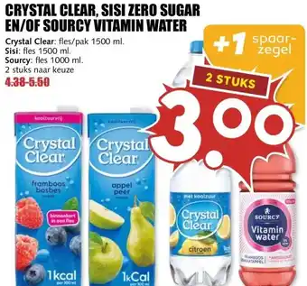 MCD Supermarkt CRYSTAL CLEAR, SISI ZERO SUGAR EN/OF SOURCY VITAMIN WATER aanbieding