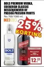 MCD Supermarkt BOLS PREMIUM VODKA, COEBERGH CLASSIC BESSENJENEVER OF PASSOA PASSION FRUITS aanbieding