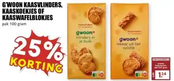 MCD Supermarkt G'WOON KAASVLINDERS, KAASKOEKJES OF KAASWAFELBLOKJES aanbieding