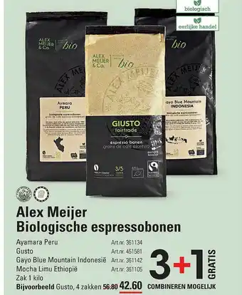 De Kweker Alex Meijer Biologische Espressobonen Ayamara Peru, Gusto, Gayo Blue Mountain Indonesië Of Mocha Limu Ethiopië 3+1 Gratis aanbieding