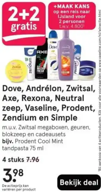 Etos Dove, Andrélon, Zwitsal, Axe, Rexona, Neutral zeep, Vaseline, Prodent, Zendium en Simple aanbieding