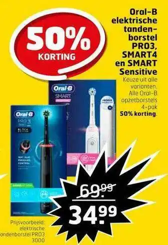 Trekpleister Oral-B Elektrische Tandenborstel Pro3, Smart4 En Smart Sensitive 50% Korting aanbieding