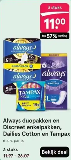 Etos Always duopakken en Discreet enkelpakken, Dailies Cotton en Tampax aanbieding