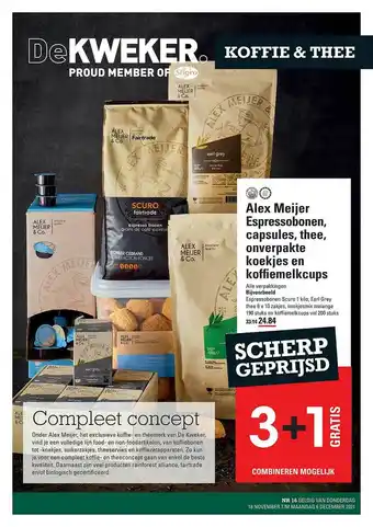 De Kweker Alex Meijer Espressobonen, Capsules, Thee, Onverpakte Koekjes En Koffiemelkcups 3+1 Gratis aanbieding