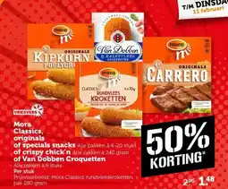 Coop Mora Classics, originals of specials snacks of crispy chick'n of Van Dobben Croquetten aanbieding