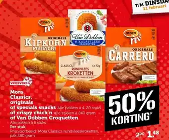 Coop Mora Classics, originals of specials snacks of crispy chick'n of Van Dobben Croquetten aanbieding